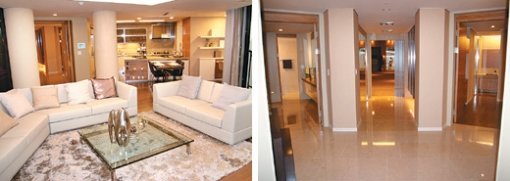 삼성물산 건설부문이 4일 공개한 ‘래미안 동천’ 아파트 모델하우스 내부. V자형 평면으로 설계된 이 아파트는 삼각형 모양의 거실 한가운데 지름 70㎝가량의 기둥이 두 개 설치돼 있다(왼쪽). 실내 복도는 세 갈래로 나눠져 중앙 복도는 현관으로, 좌우 측 복도는 방으로 각각 연결된다. 사진 제공 삼성물산 건설부문