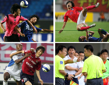 ‘팔꿈치로 치고, 발로 차고, 붙잡고, 주심에게 대들고….’ 한국프로축구 K리그가 오직 승리를 위한 반칙과 항의를 남발하면서 축구 팬들에게 실망을 안겨 주고 있다. 불필요한 파울과 경기 지연을 자제하고 심판 자질도 개선해야 한다는 지적이 나온다. 동아일보 자료 사진