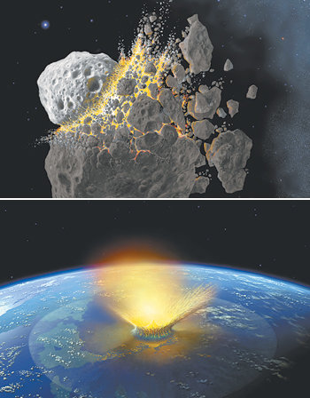 화성과 목성 사이의 궤도를 돌던 소행성들이 충돌해 운석 파편이 떨어져 나와(위쪽) 그중 하나가 지구에 부딪치는 것을 보여 주는 컴퓨터 3차원 영상. 사진 출처 사우스웨스트 연구소