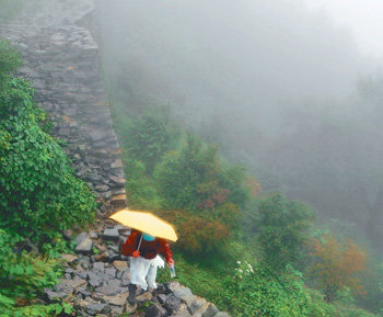 대전 계족산은 다양한 코스를 지녀 등산객에게 인기가 높다. 한 등산객이 안개비가 내리는 가운데 우산을 받쳐 든 채 돌길을 오르고 있다. 대전=홍진환  기자