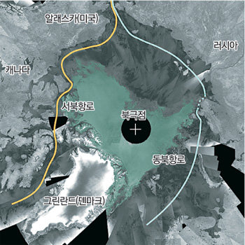 북극해 유빙 격감 ‘북서항로’ 뱃길 열려 북극해의 얼음이 급속도로 줄어들면서 캐나다 북부를 가로질러 태평양과 대서양을 잇는 서북항로(왼쪽 선)에 선박 통행이 가능해졌다. 유럽우주국(ESA)은 엔비샛 위성에서 레이더로 촬영해 합성한 북극해 사진을 최근 공개했다. 시베리아 연안을 따라가는 동북항로(오른쪽 선)는 아직 부분적으로 유빙에 막혀 있다(점선 부분). AFP 연합뉴스