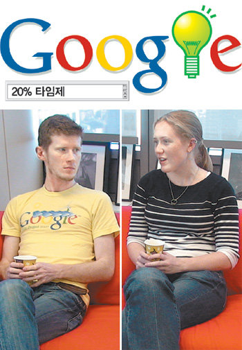 구글 창조력의 원천으로 불리는 ‘20% 타임제’를 구글코리아 직원들에게 전파하기 위해 방한한 구글 미국 본사의 엔지니어 미셸 리베스크(여·오른쪽) 씨와 콜린 윈터 씨를 5일 서울 강남구 역삼동 구글코리아 사무실에서 만났다. 이들은 구글 스카이를 비롯한 지메일, 구글 맵스 등 구글의 대표 서비스들이 모두 20% 타임제를 통해 탄생했다고 말했다. 사진 제공 구글코리아