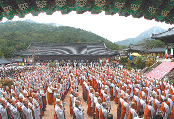 “부처님 법대로 살자” 봉암사 결사 60주년 19일 경북 문경시 봉암사에서 열린 ‘봉암사 결사 60주년 기념 대법회’에서 스님들이 비가 오는 궂은 날씨에도 대웅전 앞에서 예를 올리며 수행 풍토를 진작할 것을 다짐하고 있다. 문경=홍진환  기자