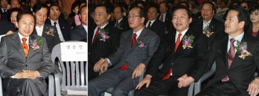 한나라당 이명박 대선 후보가 21일 서울 송파구 올림픽공원 체조경기장에서 열린 ‘충청인 문화 큰마당’ 행사에 참석했다(왼쪽 사진). 오른쪽 사진은 같은 행사에 참석한 대통합민주신당 정동영, 민주당 이인제, 국민중심당 심대평, 참주인연합 정근모 후보(오른쪽부터). 이종승  기자