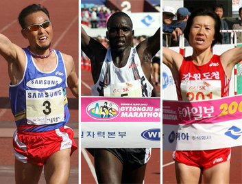 봄철 서울국제마라톤과 가을철 경주국제마라톤은 국내 최고의 ‘기록 단축의 장’이다. 왼쪽 사진은 ‘국민 마라토너’ 이봉주(삼성전자)가 3월 18일 열린 2007 서울국제마라톤 겸 제78회 동아마라톤 남자부에서 우승하는 장면. 가운데와 오른쪽 사진은 21일 끝난 동아일보 2007 경주국제마라톤 남자부 우승자 에드윈 코멘(케냐)과 여자부 챔피언 윤선숙(강원도청)이 결승선을 끊는 모습이다. 동아일보 자료 사진