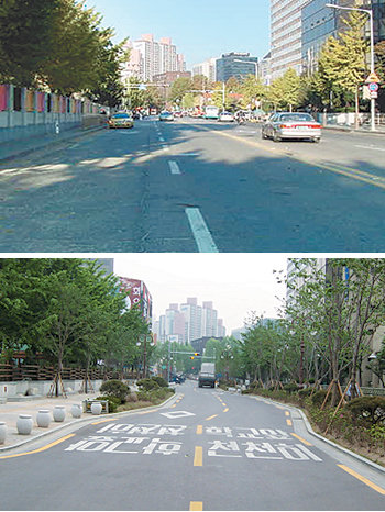 서울시는 개별 건물 대신 도로나 거리 전체를 녹지화하는 ‘그린웨이 프로젝트’를 확대하고 있다. 4차로 도로가 있던 마포구 독막길 마포로∼합정동 로터리(550m) 구간(위 사진)은 그린웨이 공사 뒤 2차로로 줄어든 대신 녹지와 보행로가 크게 늘어났다. 사진 제공 서울시