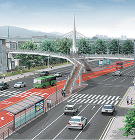 내년 6월 간선급행버스(BRT) 시스템과 보도육교가 설치될 경기 안양시 지하철 1호선 석수역의 조감도. 사진 제공 경기도