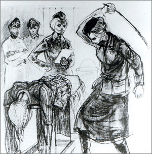 독일 수용소에서 여성포로의 엉덩이를 때리는 데 사용한 형구와 행태를 그린 삽화. 사진 제공 동북아역사재단