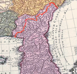 독일에서 1749년 제작된 지도. 현재의 국경선(점선) 밖에 있는 간도가 조선 영토로 표기돼 있다. 사진 제공 국토지리정보원