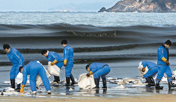 9일 충남 태안군 만리포해수욕장에서 자원봉사자들이 해변으로 밀려온 원유 찌꺼기를 흡착포로 제거하고 있다. 걸쭉하게 밀려드는 시커먼 ‘기름 파도’ 뒤편으로 특유의 파란빛을 띠며 찰랑거리는 서해바다가 대조를 이룬다. 태안=김재명 기자