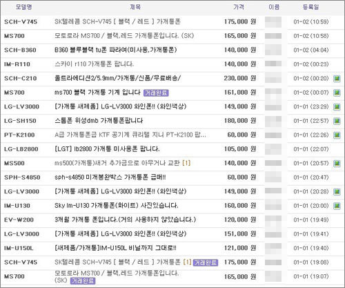 ▲ 인터넷 휴대전화 동호회 중고매매 코너에 오른 ‘가개통’ 휴대전화 매물 게시물들