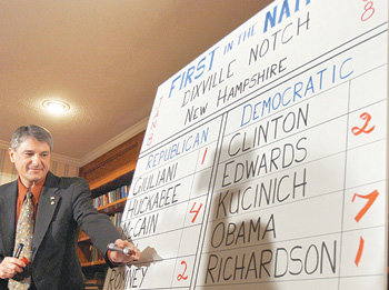 오바마 7… 힐러리 0 미국 뉴햄프셔 프라이머리(예비경선)가 8일 시작된 가운데 밤 12시에 투표를 실시하는 ‘초미니 개표지’ 딕스빌노치에서 가장 먼저 투표 결과가 발표됐다. 민주당 경선에 10명이 참가한 딕스빌노치에서는 버락 오바마 후보가 7표, 존 에드워즈 후보가 2표, 빌 리처드슨 후보가 1표를 얻었다. 힐러리 클린턴 후보는 표를 얻지 못했다. 딕스빌노치=로이터 연합뉴스