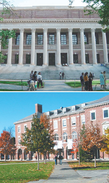 미국 하버드대 와이드너 기념도서관(위). 이 대학은 지난해 말 연간 소득이 4만 달러 이하인 가정의 학생들에게 학비를 면제해 준다고 발표해 명문대 학비 인하 경쟁에 불을 지폈다. 아래는 필립스 엑시터 아카데미의 자매학교인 필립스 앤도버 아카데미 교정. 필립스 엑시터 아카데미도 부모 소득이 7만5000달러 이하인 학생에게 수업료 일체를 면제해 주기로 해 명문 사립고교들의 학비 면제 경쟁에 뛰어들었다. 동아일보 자료 사진