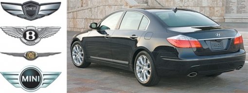 현대자동차에서 해외 언론에 배포한 제네시스의 사진 자료(오른쪽)에는 기존의 현대 로고가 차체에 그대로 들어가 있다. 한국과 중국시장에서만 적용될 것으로 보이는 제네시스 엠블럼(왼쪽 위)에 대해서는 벤틀리 크라이슬러 미니(왼쪽 위 두 번째부터) 등 해외 자동차 브랜드 로고와 상당 부분 닮았다는 의견도 나오고 있다. 사진 제공 각 자동차회사