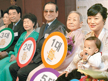 가족력이 없으면 5대까지 건강하게 장수한다. 한국노바티스와 대한의사협회가 2006년 발굴한 5대가 생존해 있는 전국의 26가족 중 안팔분(92) 할머니 가족. 동아일보 자료 사진