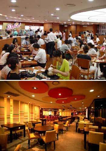신세계푸드가 운영하는 급식과 푸드코트를 결합한 복합 레스토랑 ‘델리아’(사진 위), CJ푸드시스템이 운영하는 프리미엄급 급식 브랜드 ‘엠키친’.