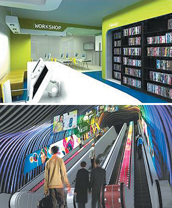 내년에 문을 열 충무로 지하철역의 영화 테마 문화공간 가상도. 지하 2층에 영화 관련 자료, 소품, DVD를 갖춘 영상센터(위사진)가 들어서고 에스컬레이터 벽을 영화 이미지로 꾸밀 예정이다. 사진 제공 서울메트로