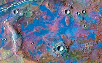 미국 화성탐사선 ‘마스 오디세이’가 화성의 테라 시레눔 지역을 찍은 열적외선 사진. 파란색 부분이 염화퇴적물 지대이다. 사진 제공 사이언스