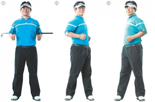 미국프로골프(PGA)투어에서 활동하고 있는 양용은(테일러메이드)이 허리 스트레칭 시범을 보이고 있다. ① 클럽을 팔꿈치에 걸어 똑바로 선다. ② 앞뒤로 스윙하듯 좌우로 10∼15초간 90도씩 180도로 몸통을 돌린다. ③ 좌우 3회 반복한다. 사진 제공 자생한방병원
