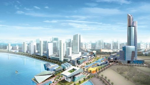 인천 송도국제도시 앞바다와 연결되는 인천대교 인근에 지어질 ‘인천경제자유구역 아트센터’ 마스터플랜이 27일 공개된다. 해안에 콘서트홀, 오페라하우스, 뮤직스쿨이 들어서고 디자인스쿨, 프로덕션 스튜디오, 도서관, 기숙사, 오피스텔, 호텔, 쇼핑가가 배후에 조성된다. 조감도는 부분 수정될 수 있다. 사진 제공 인천시