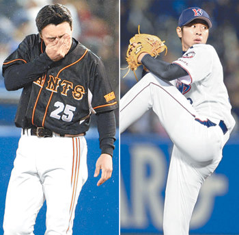 28일 열린 일본프로야구 개막전 요미우리-야쿠르트의 경기. 3년 연속 요미우리의 개막전 4번 타자를 맡은 이승엽이 1회 첫 타석에서 3루 땅볼로 아웃을 당한 뒤 얼굴에 묻은 빗물을 닦고 있다(왼쪽 사진). 오른쪽은 6-2로 앞선 8회 등판한 야쿠르트의 임창용. 도쿄=연합뉴스