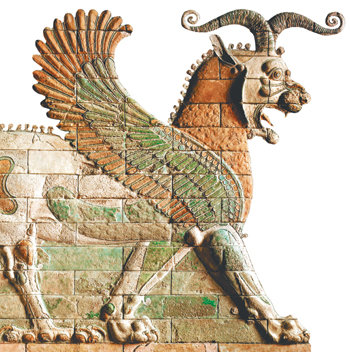 독수리의 날개，염소의 뿔，사자의 얼굴을 지닌 이 상상의 동물은 세계의 중심에서 세계를 호령했던 페르시아의 위용을 상징적으로 보여준다. 페르시아 다리우스 1세의 궁전이었던 페르세폴리스 궁전에서 출토된 것으로，지금은 프랑스 루브르박물관에 소장돼 있다. 사진 제공 생각의 나무