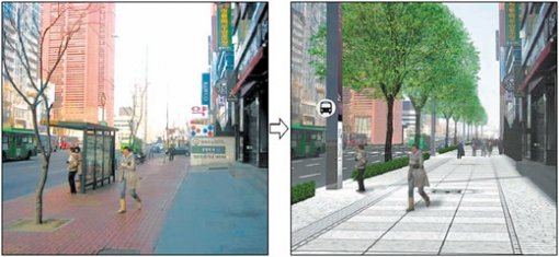 보도에 각종 시설물과 노점상 등이 빼곡해 통행이 불편했던 서울 강남대로(사진 왼쪽)가 노점상 철거와 함께 첨단미디어거리(오른쪽)로 바뀐다. 사진 제공 서울 강남구