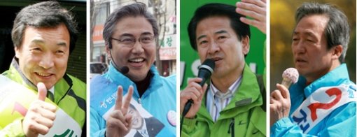 오늘밤 누가 웃을까 18대 총선 최대 관심 선거구인 서울 종로의 통합민주당 손학규, 한나라당 박진 후보와 서울 동작을의 민주당 정동영, 한나라당 정몽준 후보(왼쪽부터)가 선거운동 마지막 날인 8일 오후 각 지역구에서 유권자들에게 한 표를 호소하고 있다. 연합뉴스