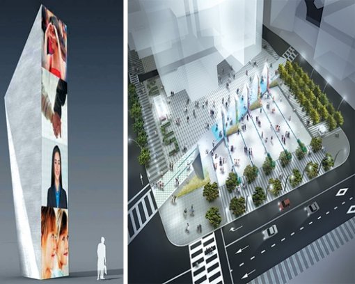 서울 중구 을지로2가 삼각공원 자리에 들어설 대형 LED 전광판(왼쪽). 디지털 영상 작품을 상영하거나 뉴스 및 공연 정보를 알려준다. 서울시는 첨단 정보기술을 활용한 디지털 미디어 플라자를 내년 9월까지 만든다. 사진 제공 서울시