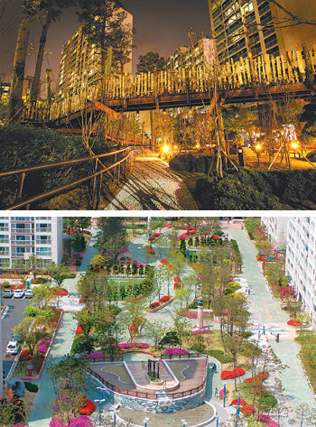 조영철 차장이 조경 작업에 참여한 서울 잠실 3단지 재건축아파트(위)와 부산 메트로 시티 전경. 사진 제공 GS건설