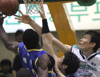 리바운드 향한 손… 손… 손…프로농구 삼성의 테렌스 레더(왼쪽)와 이규섭(가운데)이 동부 김주성과 함께 리바운드 볼을 다투고 있다. 원주=연합뉴스