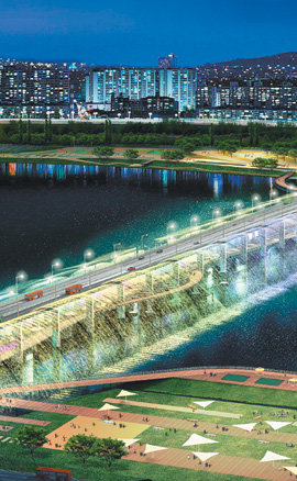 서울 강남의 새로운 랜드마크가 될 반포대교. 분수와 경관 조명대가 9월에 생긴다. 다리 밑의 잠수교는 보행자 다리로 바뀐다. 사진 제공 서울시