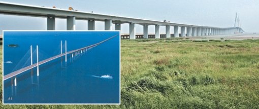 중국 저장 성의 닝보와 자싱을 잇는 세계 최장의 바다대교인 항저우만 대교. 5월 1일 개통을 앞두고 있다. 작은 사진은 조감도. 사진 출처 위키피디아