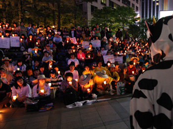 21세기 한국대학생연합 소속 학생 500여 명이 5일 오후 8시 서울 중구 태평로 서울파이낸스센터 앞에서 미국산 쇠고기 수입에 반대하는 집회를 열고 있다. 연합뉴스