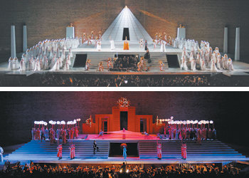피에르 루이지 피치 씨가 총감독을 맡은 오페라 ‘아이다’(왼쪽)와 ‘투란도트’. 서울 종로구 세종문화회관에서 매일 밤 무대를 바꾸며 릴레이 공연을 한다. 사진 제공 한국오페라단