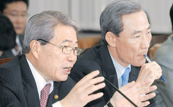 설명유명환 외교통상부 장관(왼쪽)과 김종훈 통상교섭본부장이 13일 열린 국회 통일외교통상위원회의 한미 FTA 청문회에서 의원들의 질의에 답하고 있다. 국회사진기자단