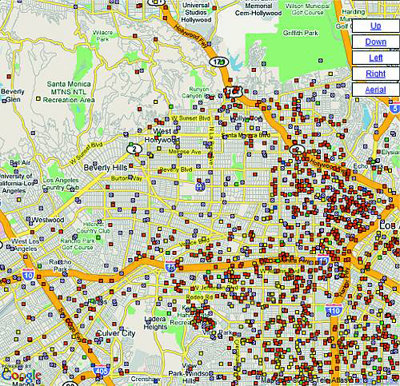 미국 인터넷 사이트 ‘패밀리워치도그’가 제공하는 미 로스앤젤레스 내 한 지역의 범죄자 분포 지도. 빨간 사각형은 아동 성범죄 등 아동 관련 범죄자의 주거지를, 노란 사각형은 성폭행범의 주거지를 나타낸다. 각 사각형을 클릭하면 범죄자의 상세한 개인정보가 나타난다. 사진 제공 패밀리워치도그 홈페이지