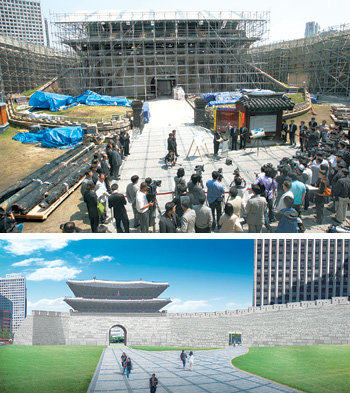 문화재청은 숭례문 화재 100일째인 20일 숭례문 앞에서 누각 및 좌우 성곽 복원 등 숭례문 복구 기본 계획을 발표했다(위 사진 ). 아래 사진은 숭례문 및 좌우 성곽 복원 조감도. 이훈구 기자