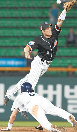 아뿔싸… 롯데, 5연패 늪에4-4로 맞선 9회말 1사 후 볼넷으로 나간 두산 김재호(아래)가 이종욱의 중견수 앞에 떨어지는 행운의 안타 때 뒤늦게 달렸지만 2루에서 세이프되고 있다. 위쪽은 롯데 2루수 조성환. 연합뉴스