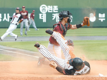 투지는 좋았지만…0-1로 뒤진 5회말 롯데 2루 주자 정보명(아래)이 이원석의 좌익수 앞 안타 때 홈까지 달렸으나 아웃되고 있다. 위는 우리 포수 김동수. 부산=연합뉴스