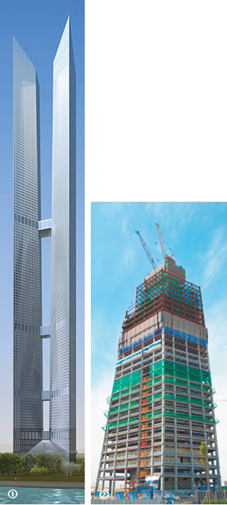 ① 20일 착공하는 151층 규모의 ‘인천타워’ 조감도. 2014년에 완공되는 인천타워는 세계에서 두 번째로 높은 건물이 될 것으로 전망된다. 사진 제공 인천경제자유구역청② 2010년 4월 완공될 예정인 65층 높이의 동북아트레이드타워. 차준호 기자