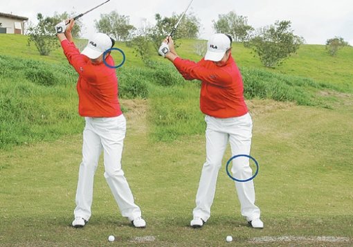 사진 왼쪽처럼 오른쪽 어깨로 백스윙을 시작하고 백스윙 톱 이후 다운스윙 때는 꼬인 몸통을 왼쪽 무릎부터 풀어줘야 일관되고 자연스러운 스윙을 할 수 있다. 사진 제공 휠라코리아