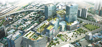 타임스퀘어 조감도. 서울 영등포구 영등포동 일대에 자리잡은 이 복합단지에는 호텔, 백화점, 대형마트, 영화관 등이 들어선다.