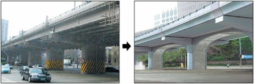 대표적 도심의 흉물이었던 서울 중구 서소문동 서소문 고가차도(왼쪽)가 31일 리모델링 공사를 마치고 새 모습(오른쪽)을 드러냈다. 새 고가차도는 교각 2곳에 백호를 새겨 넣고, 교각 아래 바닥분수와 조명등을 설치하는 등 디자인에 큰 공을 들였다. 사진 제공 서울시