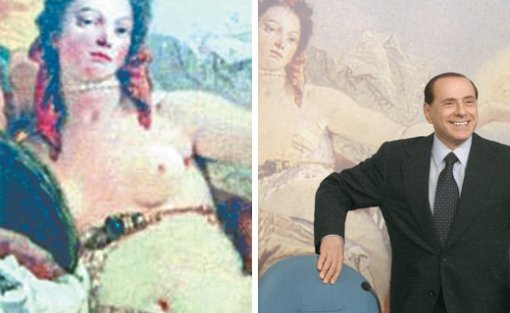 이탈리아 총리 기자회견장 뒷벽에 걸려 있는 조반니 바티스타 티에폴로의 그림이 덧칠되기 전(왼쪽)과 후. 노출돼 있었던 여성의 가슴이 가려져 있다. 사진 출처 인디펜던트 홈페이지