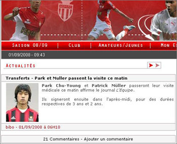 프랑스 프로축구 구단 AS 모나코의 비공식 사이트인 ‘as-monaco.net’에 박주영의 사진과 함께 이적 소식이 실렸다. 화면 캡처 AS 모나코 홈페이지