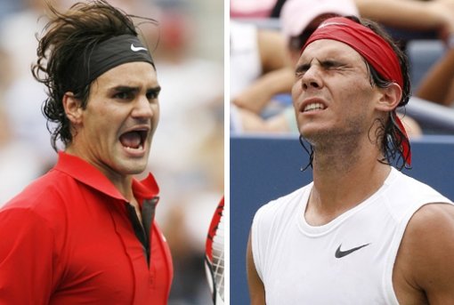 즐거운 ‘황제’-괴로운 ‘천재’ 7일 뉴욕 플러싱 메도에서 열린 US오픈테니스대회 남자단식 4강전. 노바크 조코비치(세르비아)와의 경기에서 공격을 성공시킨 뒤 환호하는 스위스의 로저 페데러(왼쪽). 오른쪽은 앤디 머리(영국)와의 경기에서 미스샷을 날린 뒤 두 눈을 질끈 감은 세계랭킹 1위 라파엘 나달(스페인). 뉴욕=로이터 연합뉴스