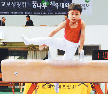 깜찍한 안마 연기 교보생명컵 꿈나무체육대회가 24년간 비인기 종목의 수호신 역할을 해오고 있다. 올해 열린 대회에서 한 초등학교 꿈나무 체조 선수가 안마 연기를 하고 있다. 사진 제공 교보생명