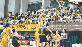 “반갑다 만원관중”“반갑다, 여자농구.” 3일 충북 옥천체육관에서 열린 2008∼2009 여자프로농구 개막전에 1300여 명의 만원 관중이 스탠드를 꽉 채우고 있다. 코트에선 신한은행 이연화(7번)가 국민은행 선수와 리바운드 볼을 다투고 있다. 옥천=연합뉴스