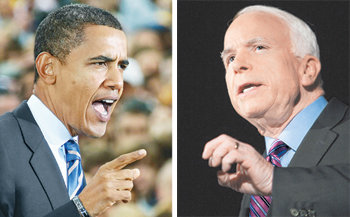 다시 불붙은 유세전11월 4일 치러지는 미국 대선이 한 달 앞으로 다가오면서 양측의 경쟁이 치열해지고 있다. 금융위기로 잠시 주춤했던 유세전도 다시 불이 붙었다. 2일 미시간 주 그랜드래피즈 시청광장에서 유세하고 있는 버락 오바마 민주당 대통령 후보(왼쪽). 1일 미주리 주 인디펜던스의 해리트루먼 도서관에서 연설하는 존 매케인 공화당 대통령 후보. 그랜드래피즈·인디펜던스=블룸버그 로이터 연합뉴스